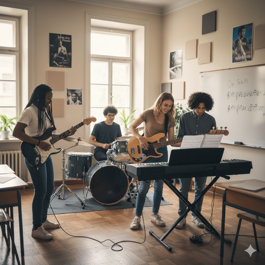 students playing guitar, drums, keys